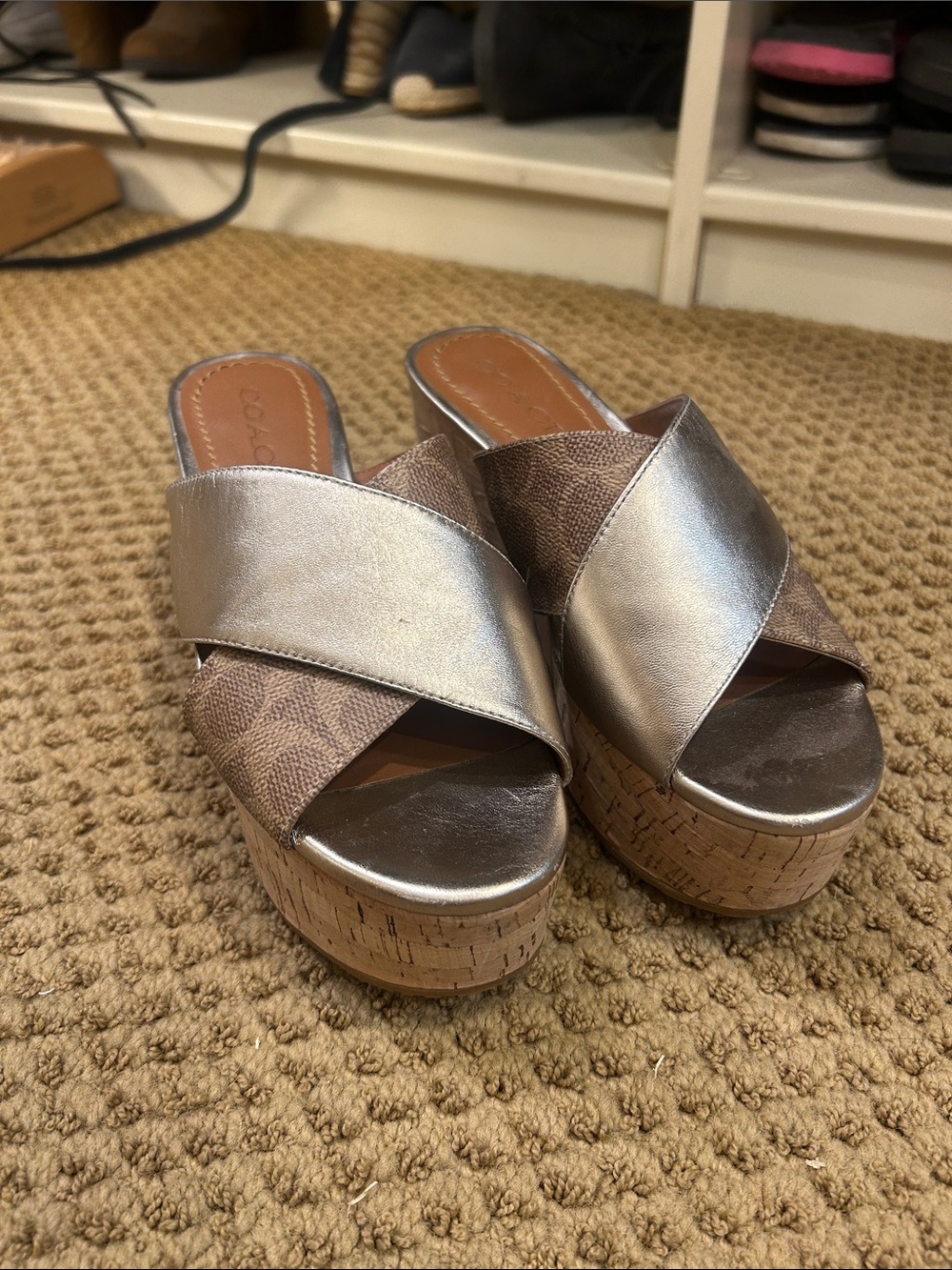 Coach Champagne and Tan Platform Slide Sandals